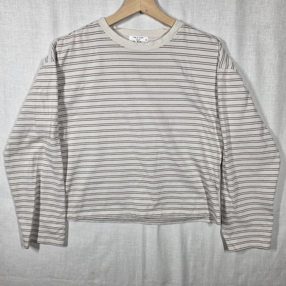 Rag & Bone Shirt Women Small Boxy Striped Long Sleeve Cropped Tee Quiet Luxury